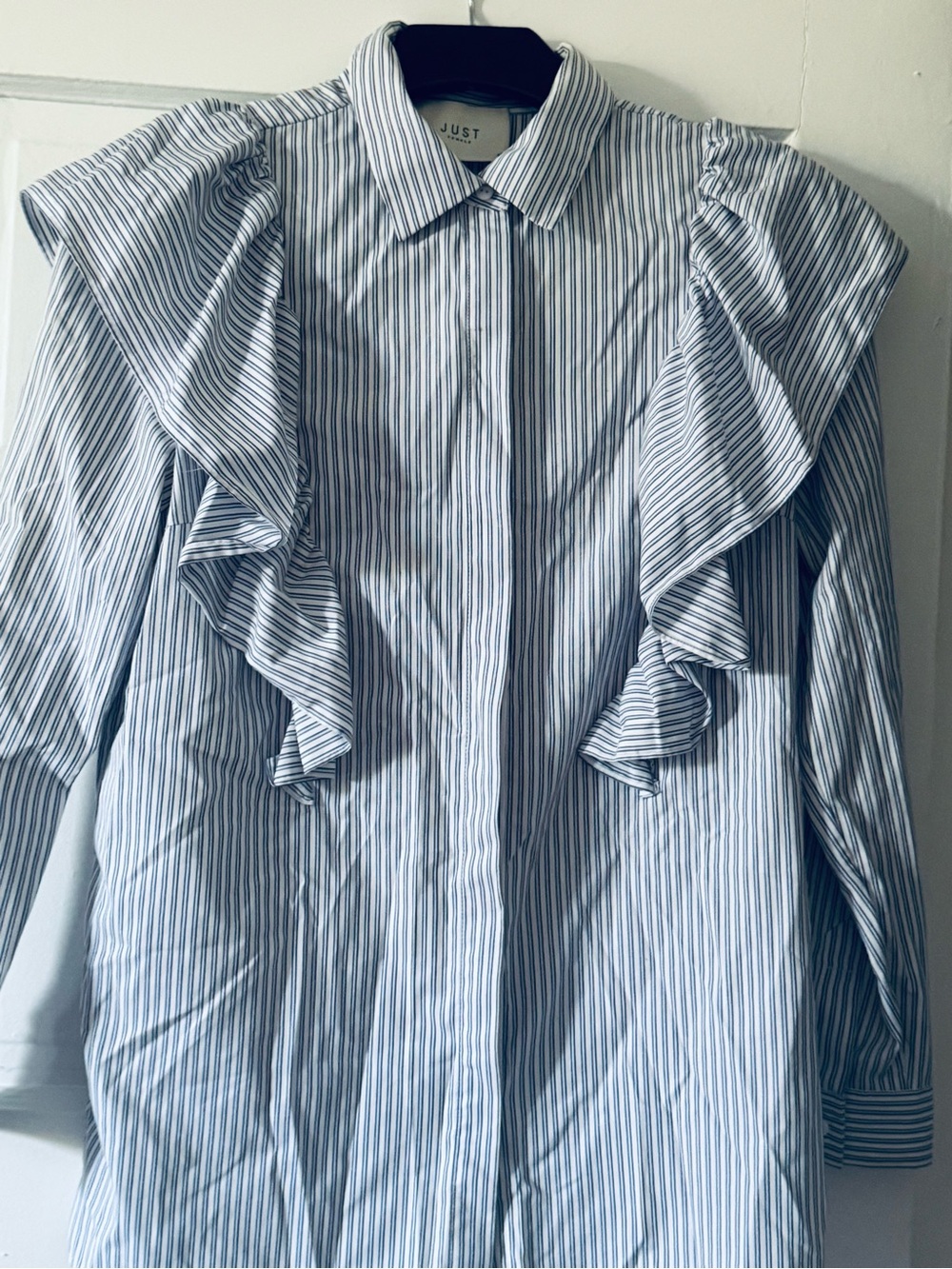 Anthropologie Blue and White Striped Ruffle-Trim Button-Up Blouse